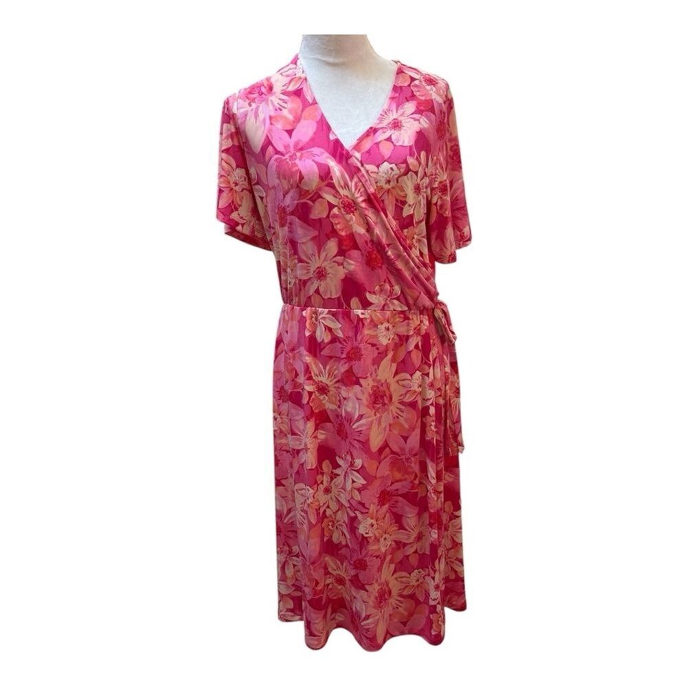 Floral Wrap Liquid Knit  Dress Pink Midi Short Sleeve Spring Summer Casual